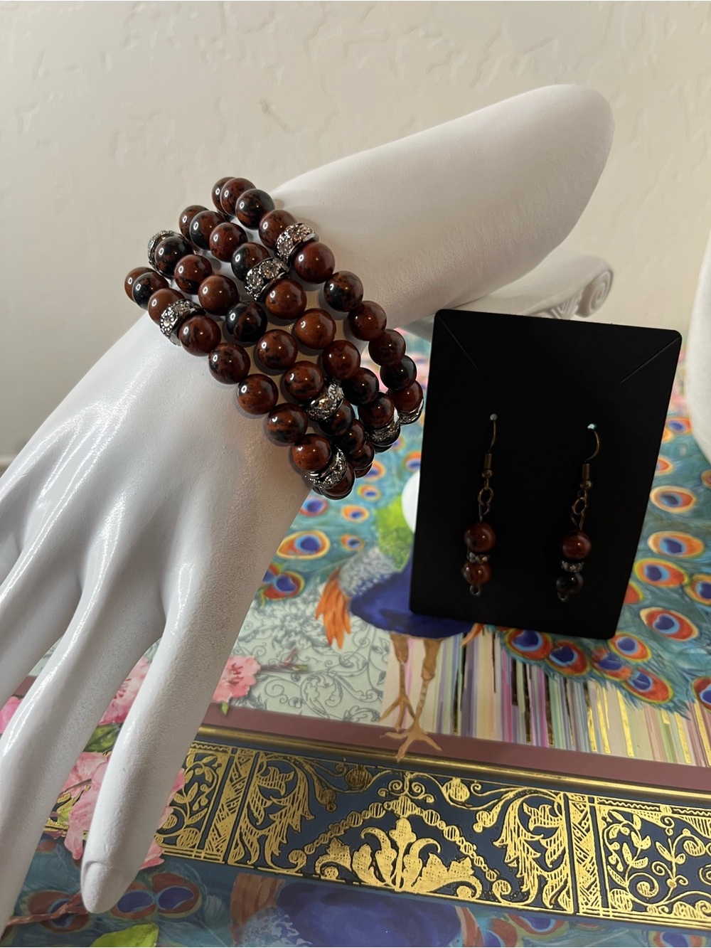 ✨ Natural Mahogany Obsidian 4-Piece Bracelet Stack & Matching Earrings Set ✨